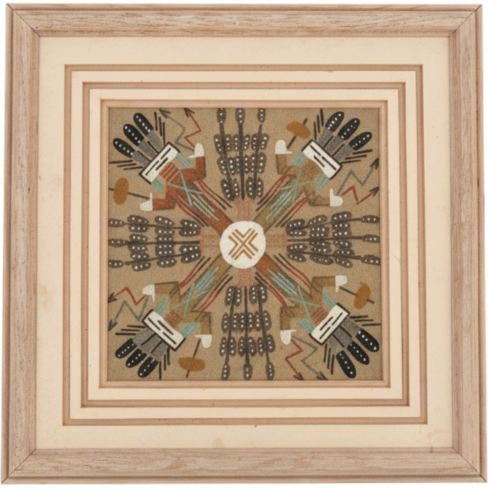 Vintage Authentic Navajo Sandpainting Framed Healing Symbol Signed Art Southwest